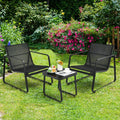 Black patio bistro furniture set with two mesh chairs and glass top square table