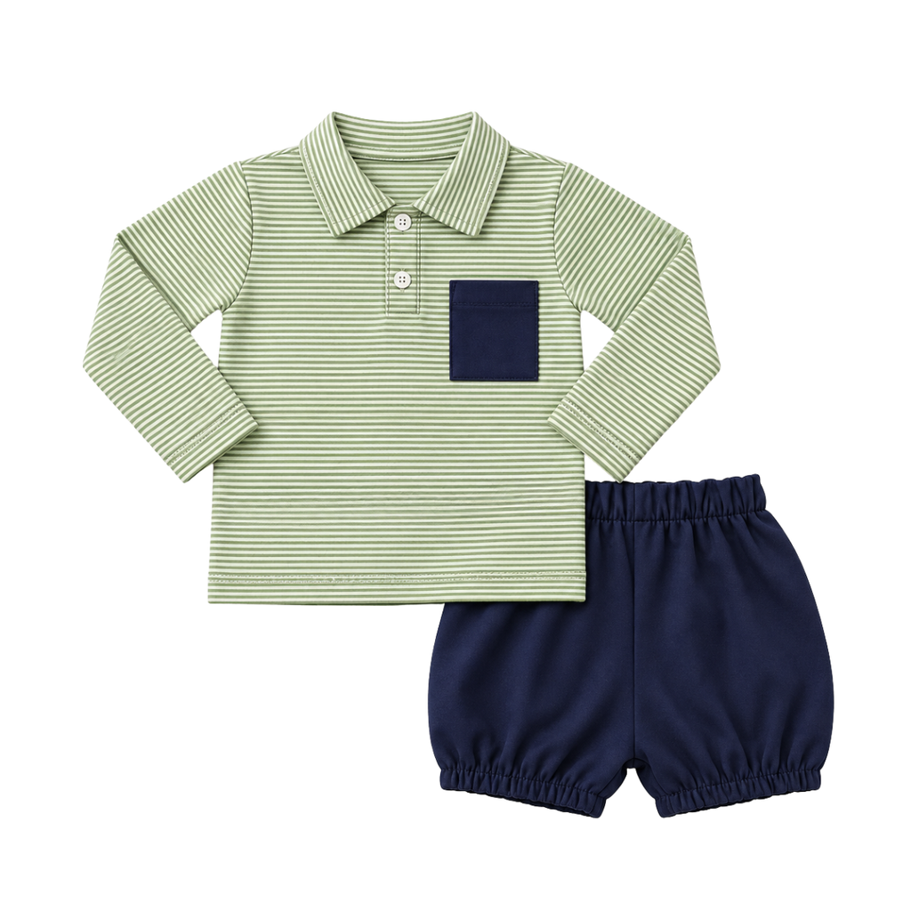 Boys striped polo shirt with navy pocket, matching navy bubble shorts, long sleeves