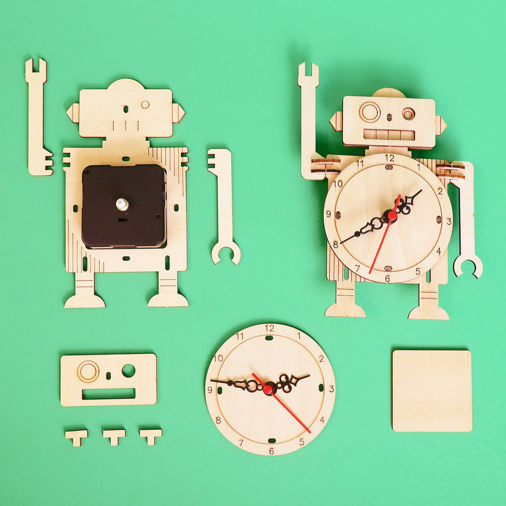 Wooden robot clock DIY kit with clock dial, red second hand, and articulated parts
