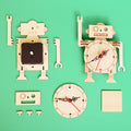 Wooden robot clock DIY kit with clock dial, red second hand, and articulated parts