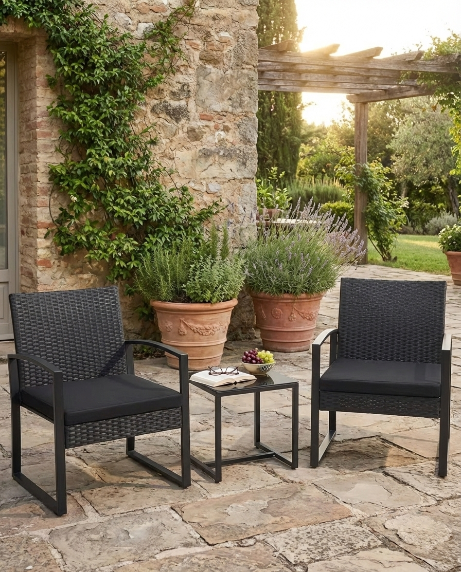 Outdoor patio furniture set with two dark woven chairs, cream cushions, and glass-top bar table