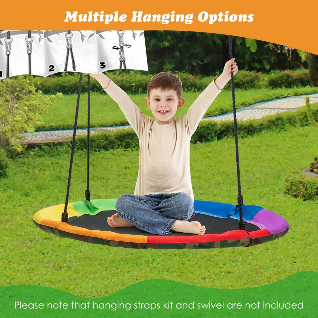Round multicolor saucer swing seat with black hanging straps for kids