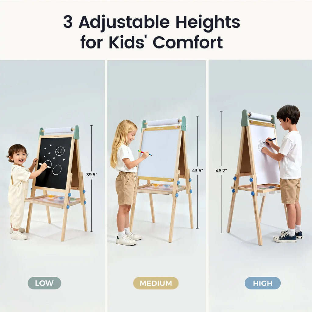 Kids art easel with three adjustable height settings and chalkboard panel