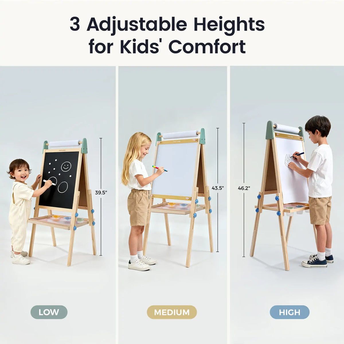 Kids art easel with three adjustable height settings and chalkboard panel