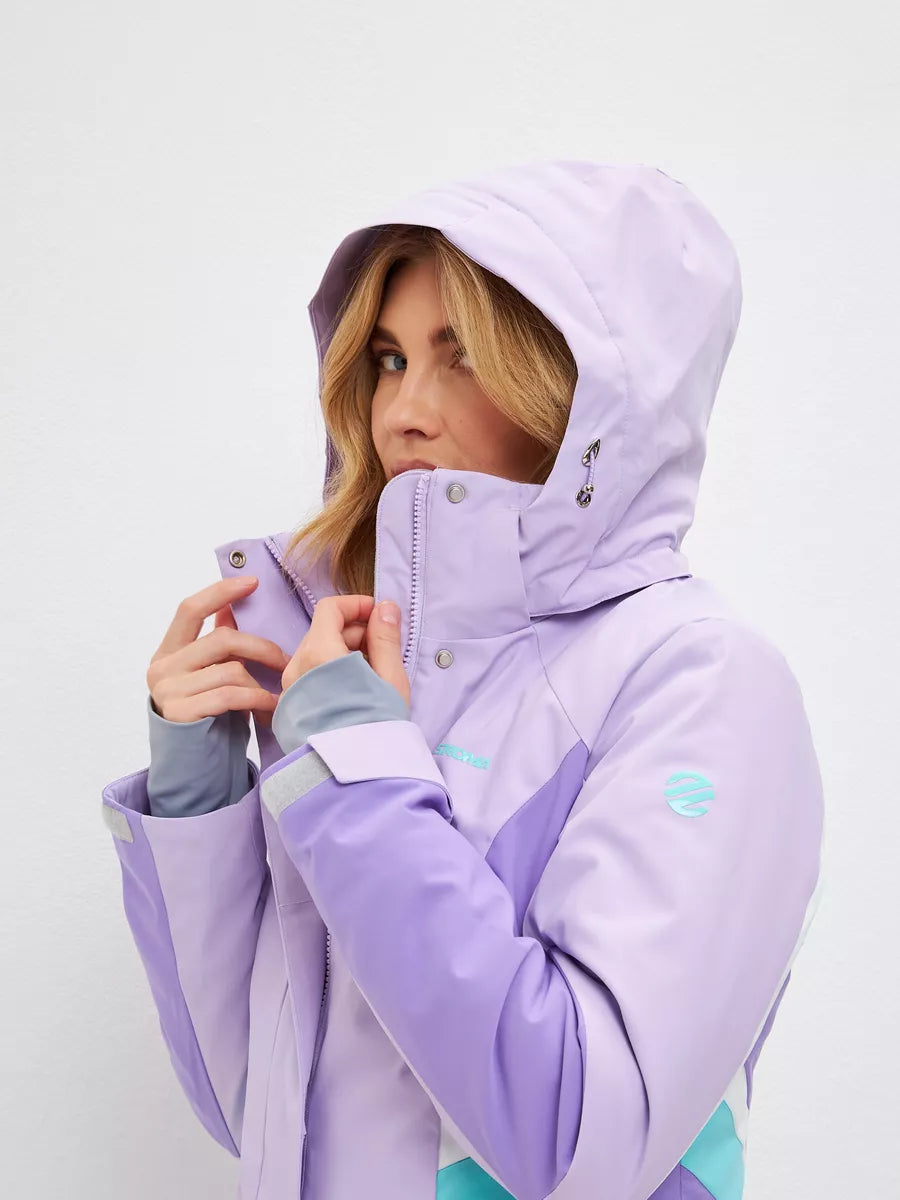 Lilac waterproof insulated ski jacket with hood, front zipper, and teal accent panel
