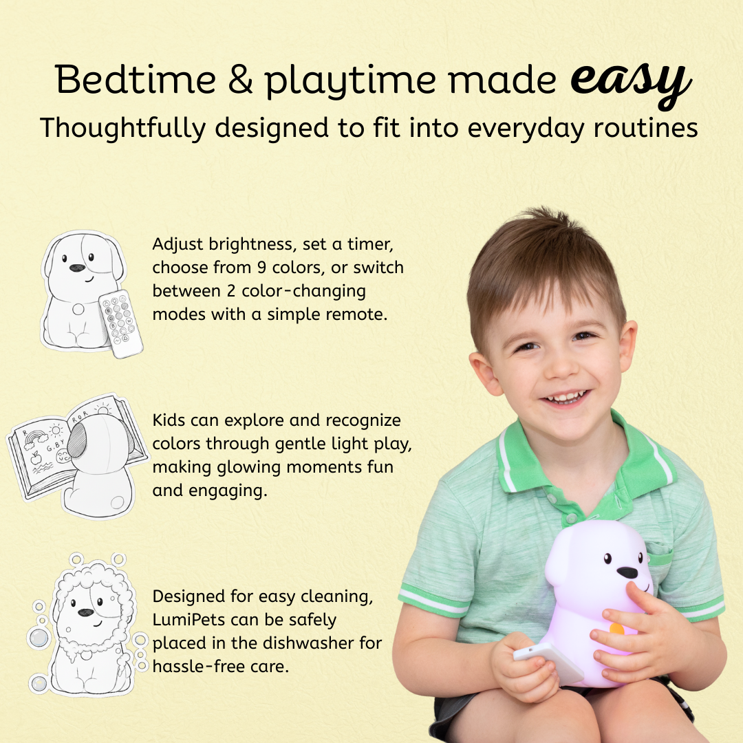White LumiPets puppy night light held by a child with remote control