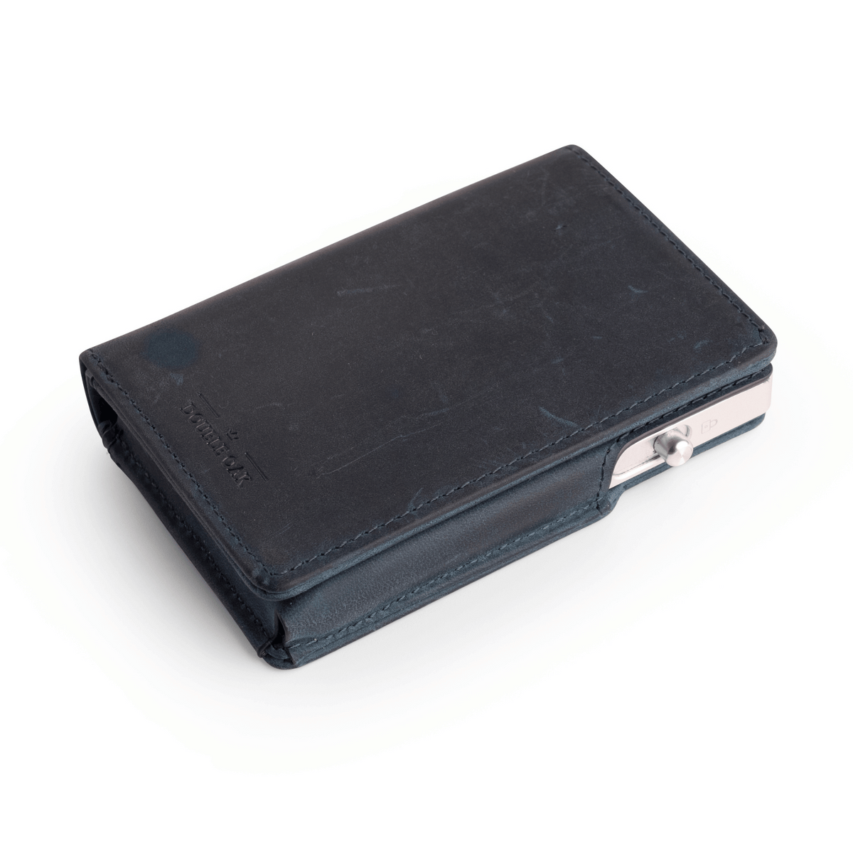 Dark navy leather bifold wallet with silver clasp and card slots, front view.