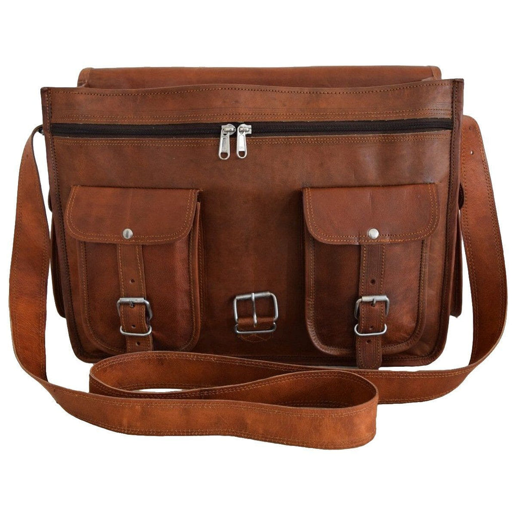 Brown leather messenger backpack with front flap, buckled pockets, and shoulder strap