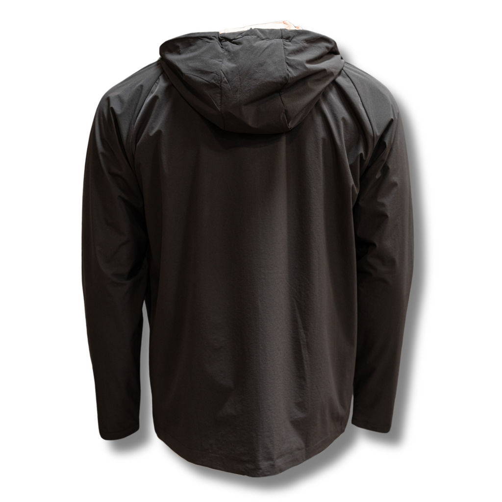Black hooded jacket back with clean seam lines