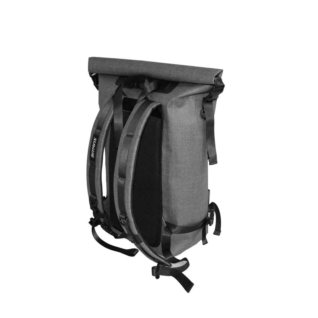 Gray roll-top waterproof backpack with front storage straps and side compression buckles