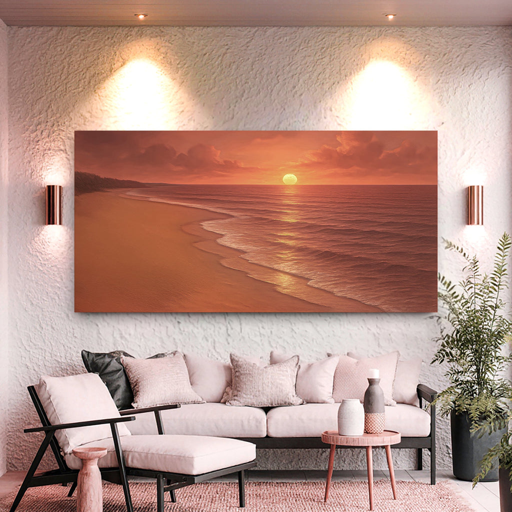 Landscape framed beach wall art with sunset glow over ocean shoreline waves