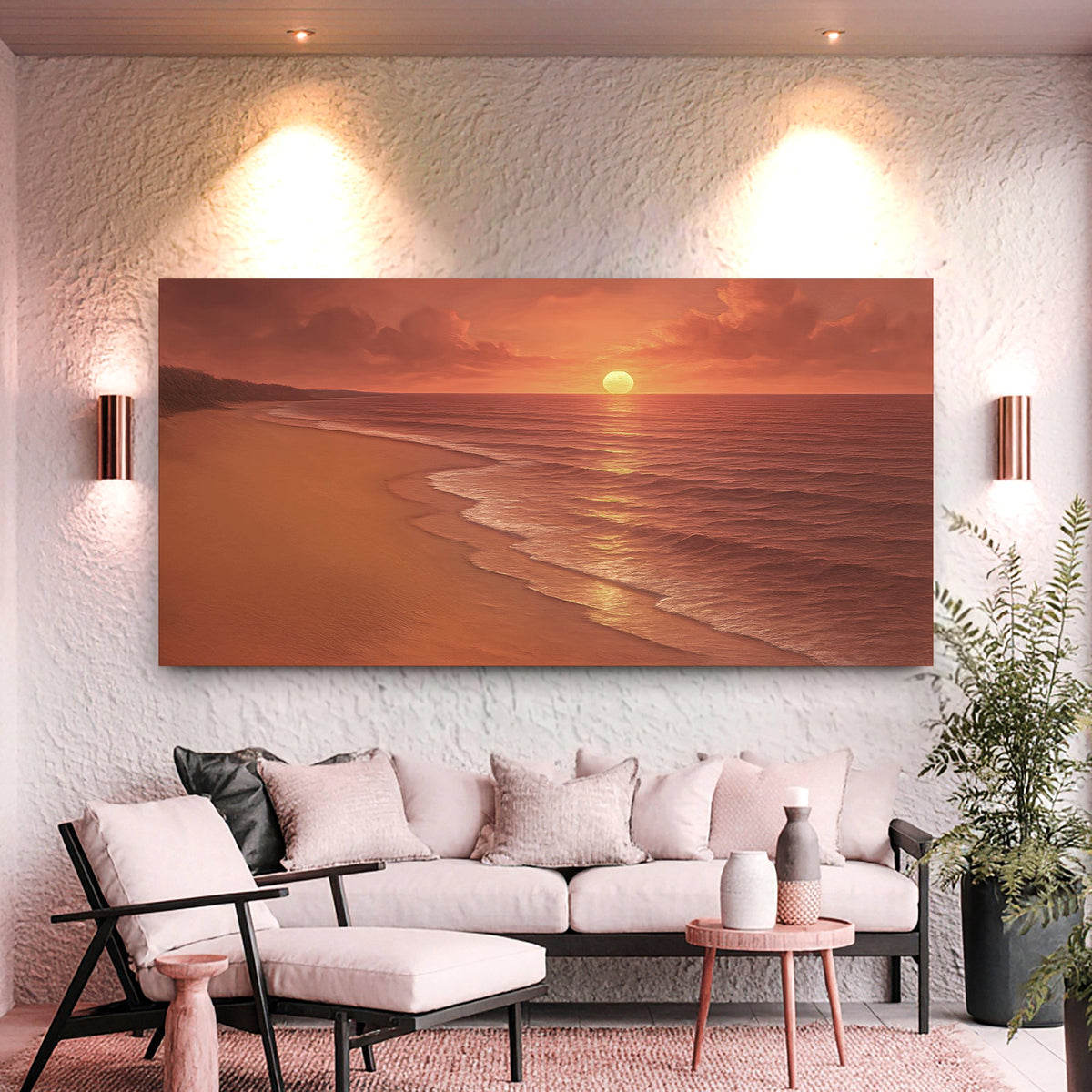 Landscape framed beach wall art with sunset glow over ocean shoreline waves