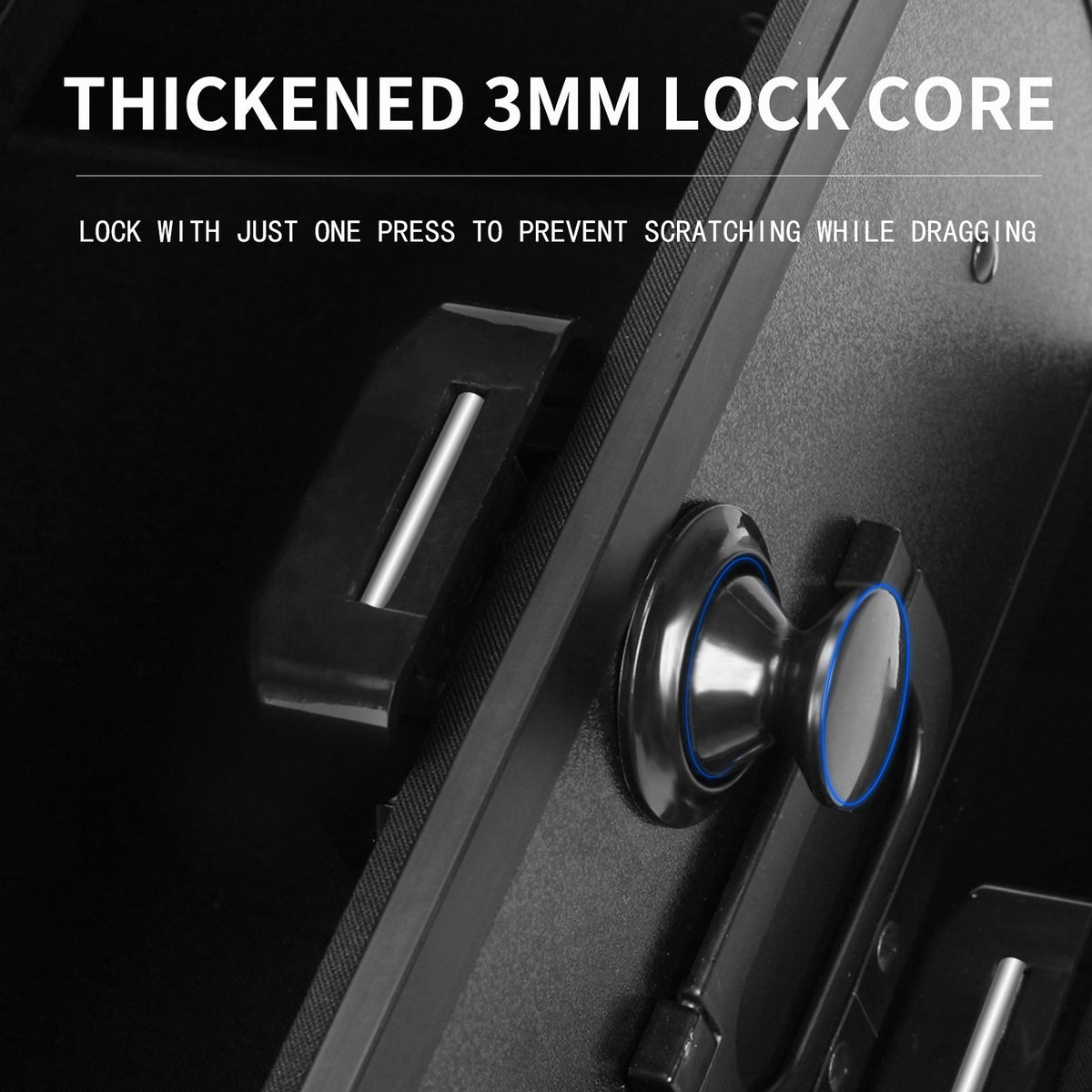 Black one-press lock core on tattoo supply suitcase corner for scratch protection