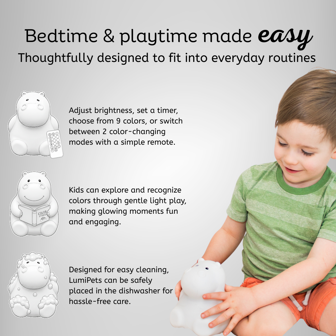 LumiPets Honey hippo touch night light held by a child for bedtime play