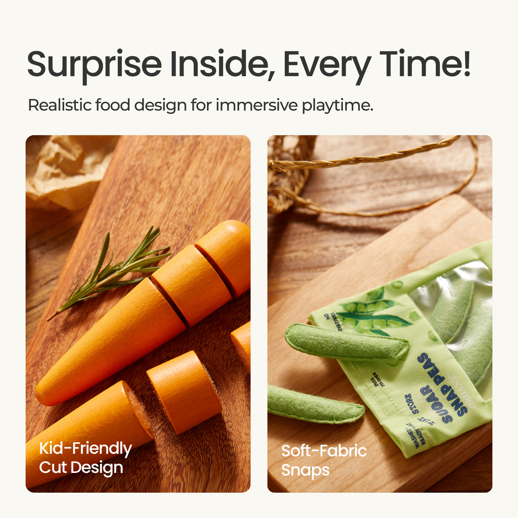 Toy snap carrots and other fabric fruit and veggie pieces in a pouch