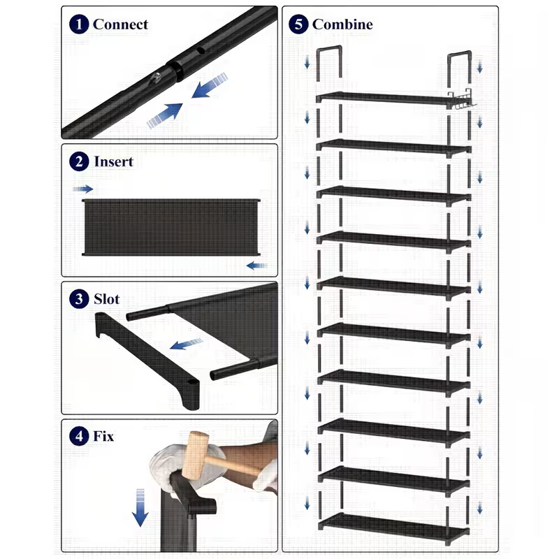 Shoe rack organizer assembly steps, illustrated black frame parts and connectors