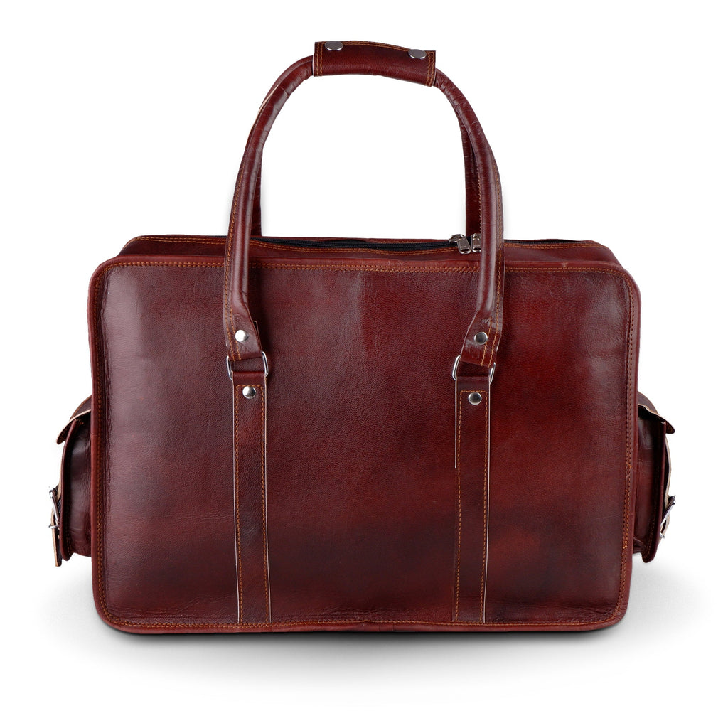 Brown leather top-handle briefcase with side straps and long front panel