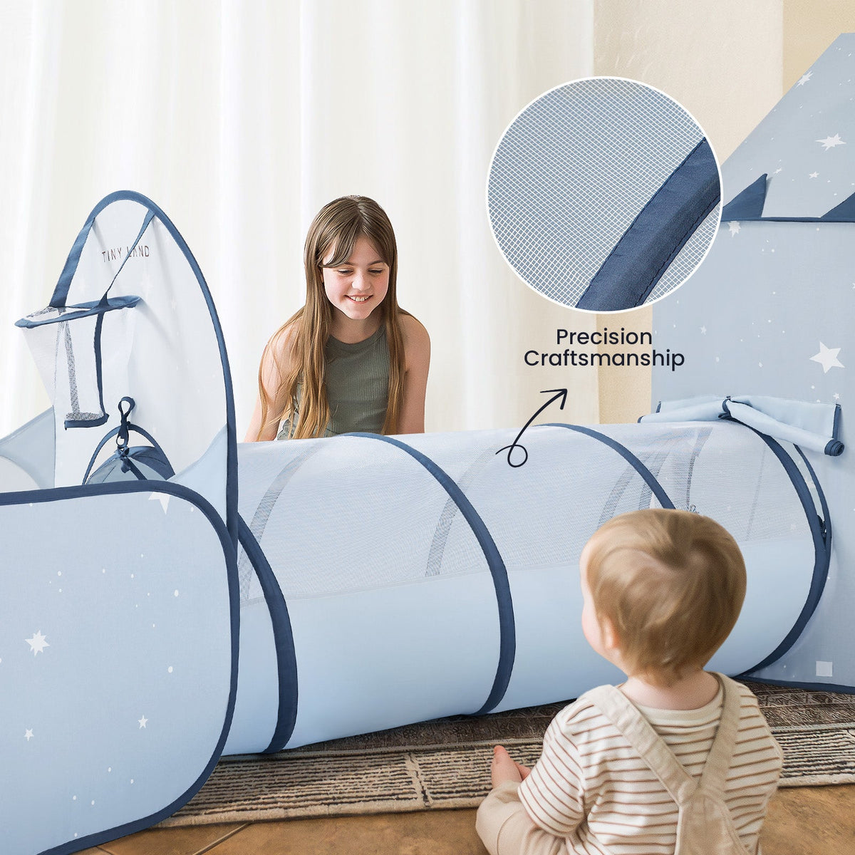 Blue fabric crawl tunnels with window mesh and arched entrance openings