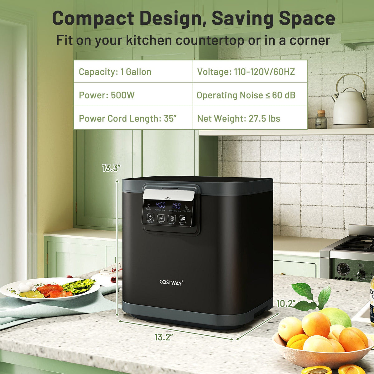 Compact 4 L electric kitchen composter with front LED display on countertop