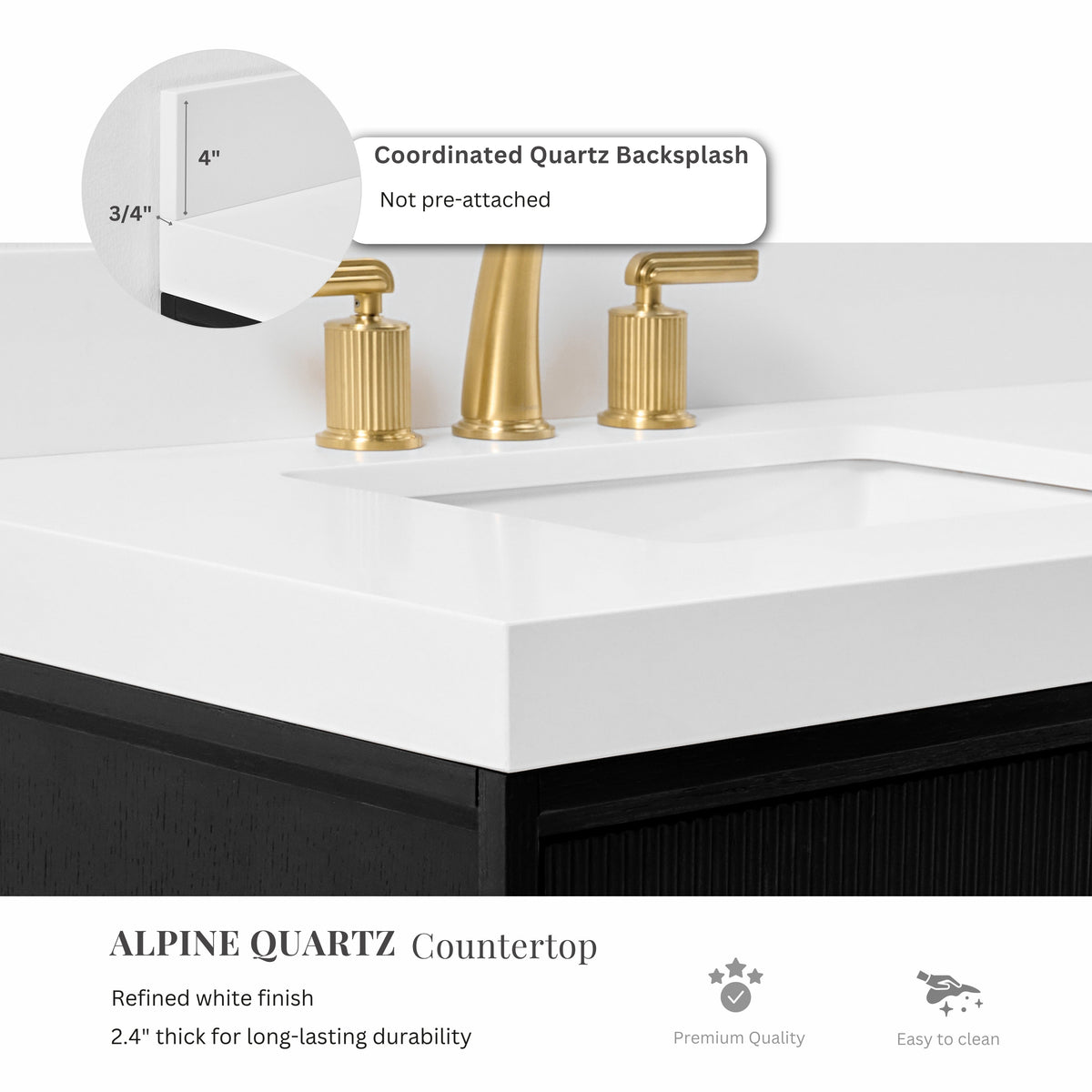 White countertop with three-handle gold faucet on black bath vanity with fluted front
