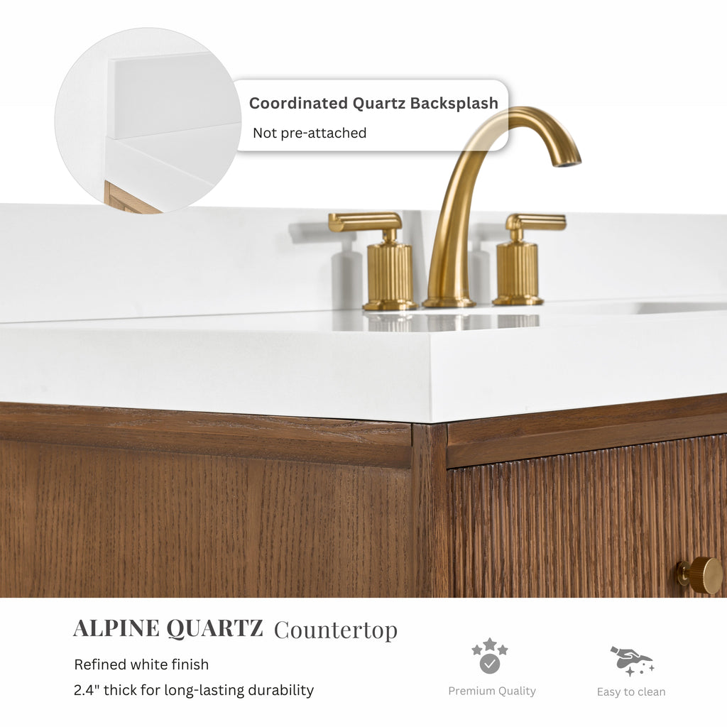 Chestnut bath vanity set with white countertop and gold three-hole faucet, quartz-look surface