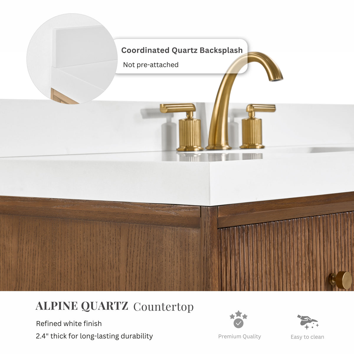 Chestnut bath vanity set with white countertop and gold three-hole faucet, quartz-look surface