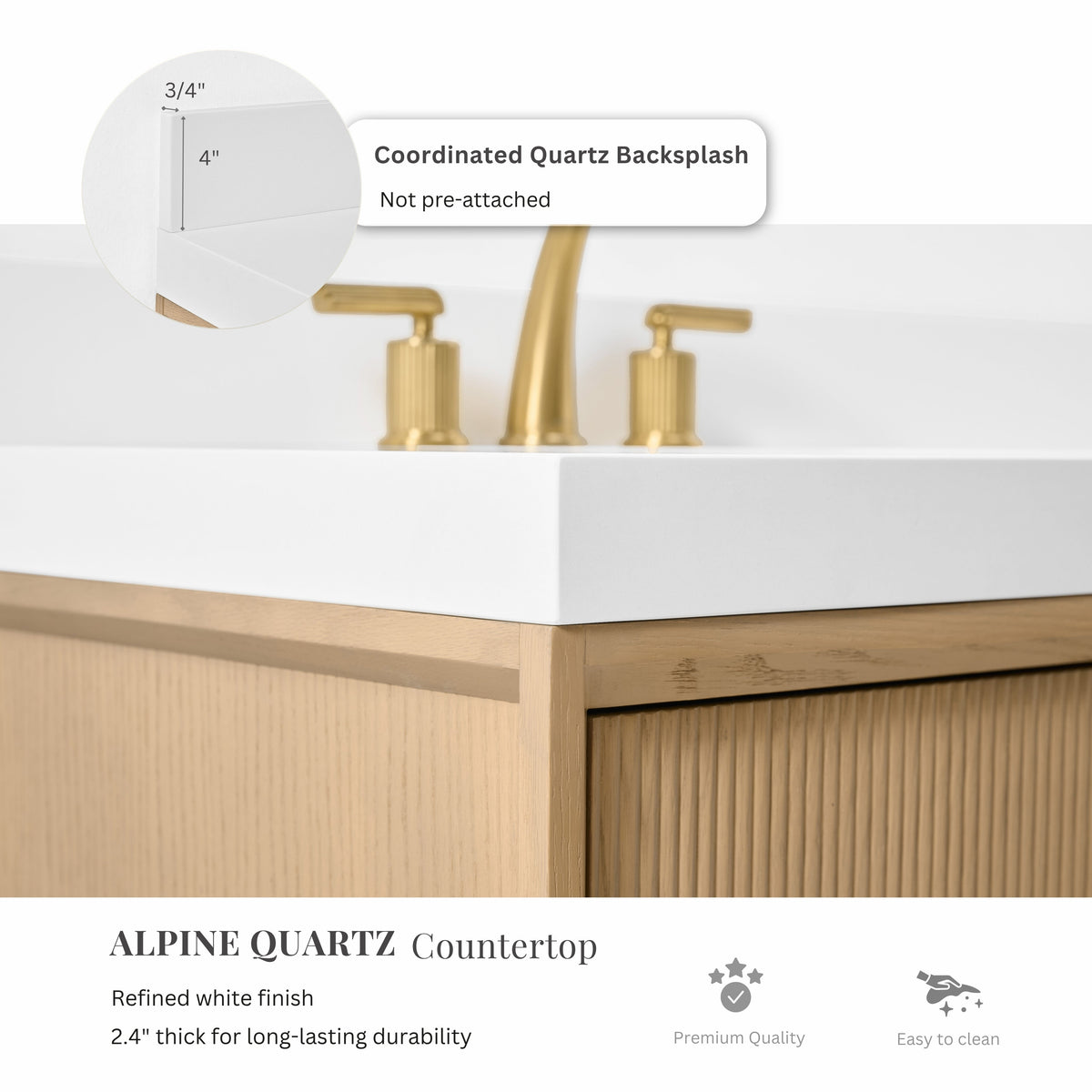 Quartz backsplash detail above white sink and gold faucet on oak vanity