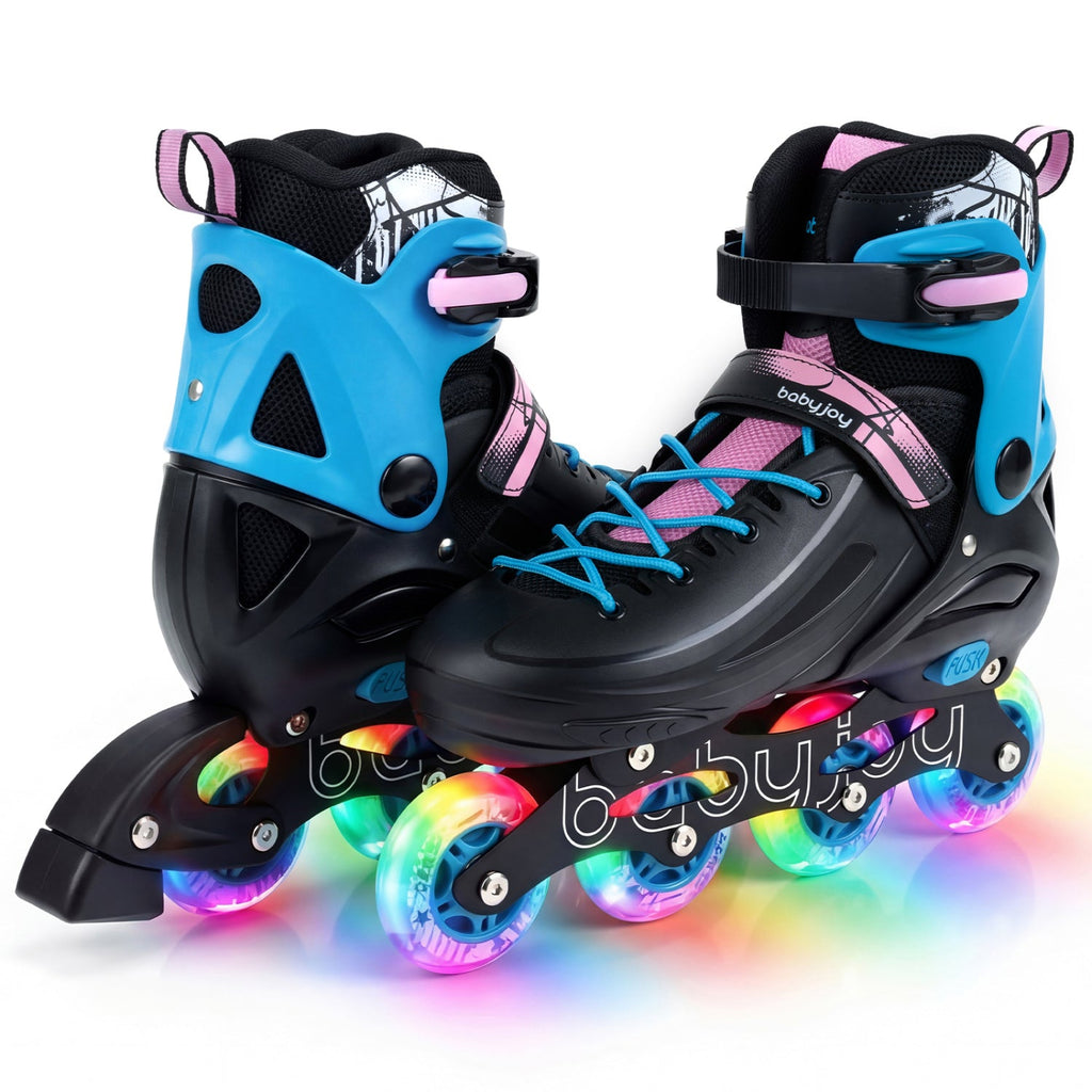 Blue and black kids inline skates with pink straps and light-up wheels