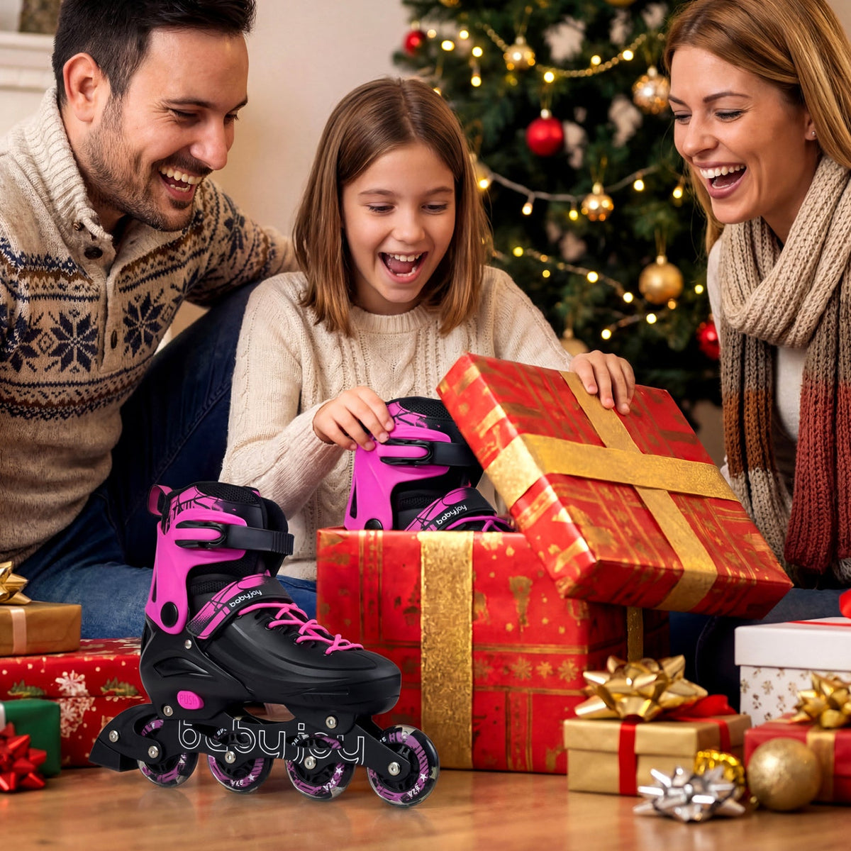 Pink kids inline skates with glowing wheels beside holiday gifts