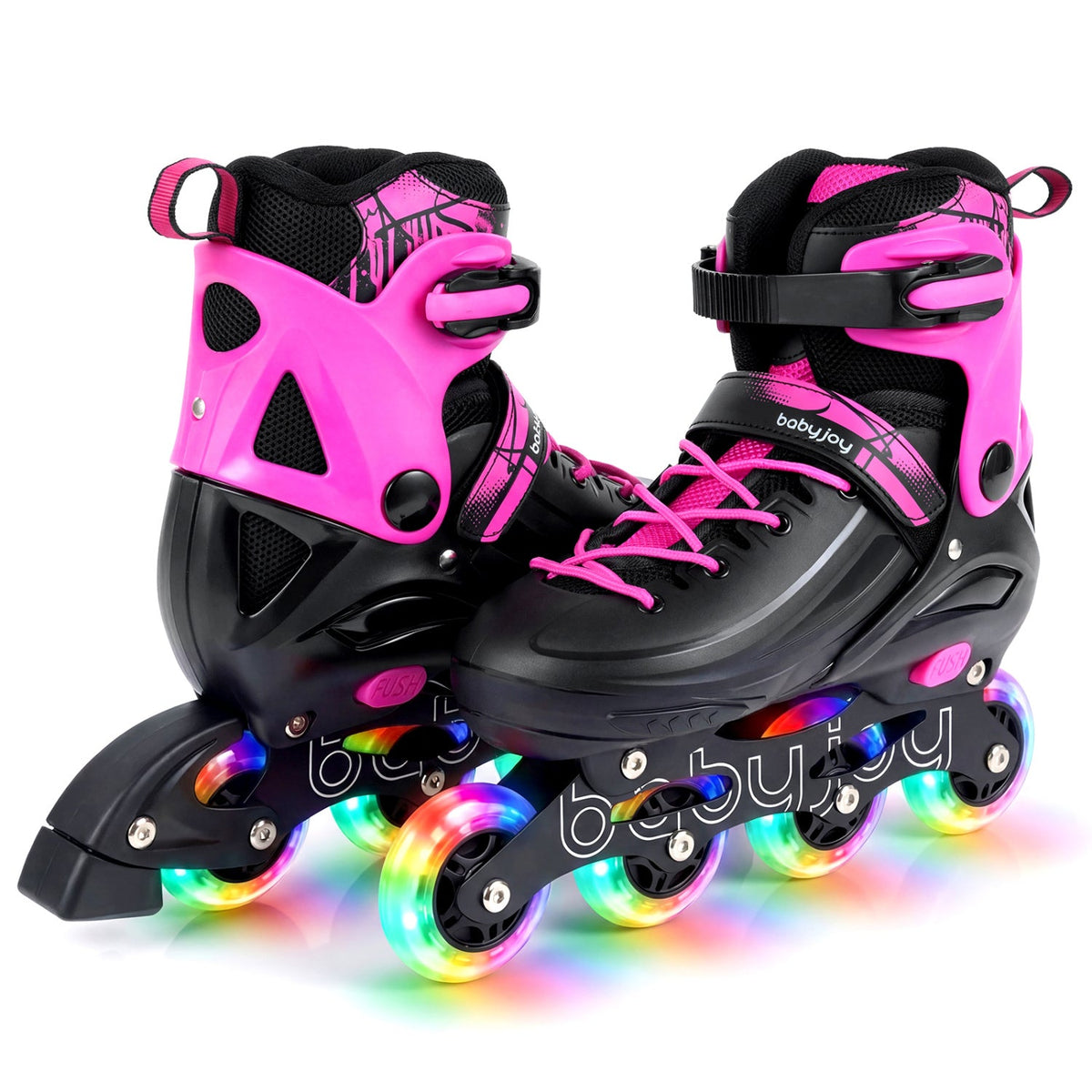 Pink and black light-up inline skates with flashing rainbow wheels and lace-up closure