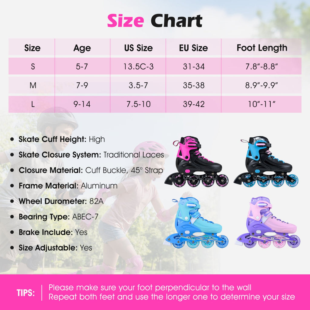 Size chart for adjustable light-up kids inline skates, ages 5-14, US and EU sizing