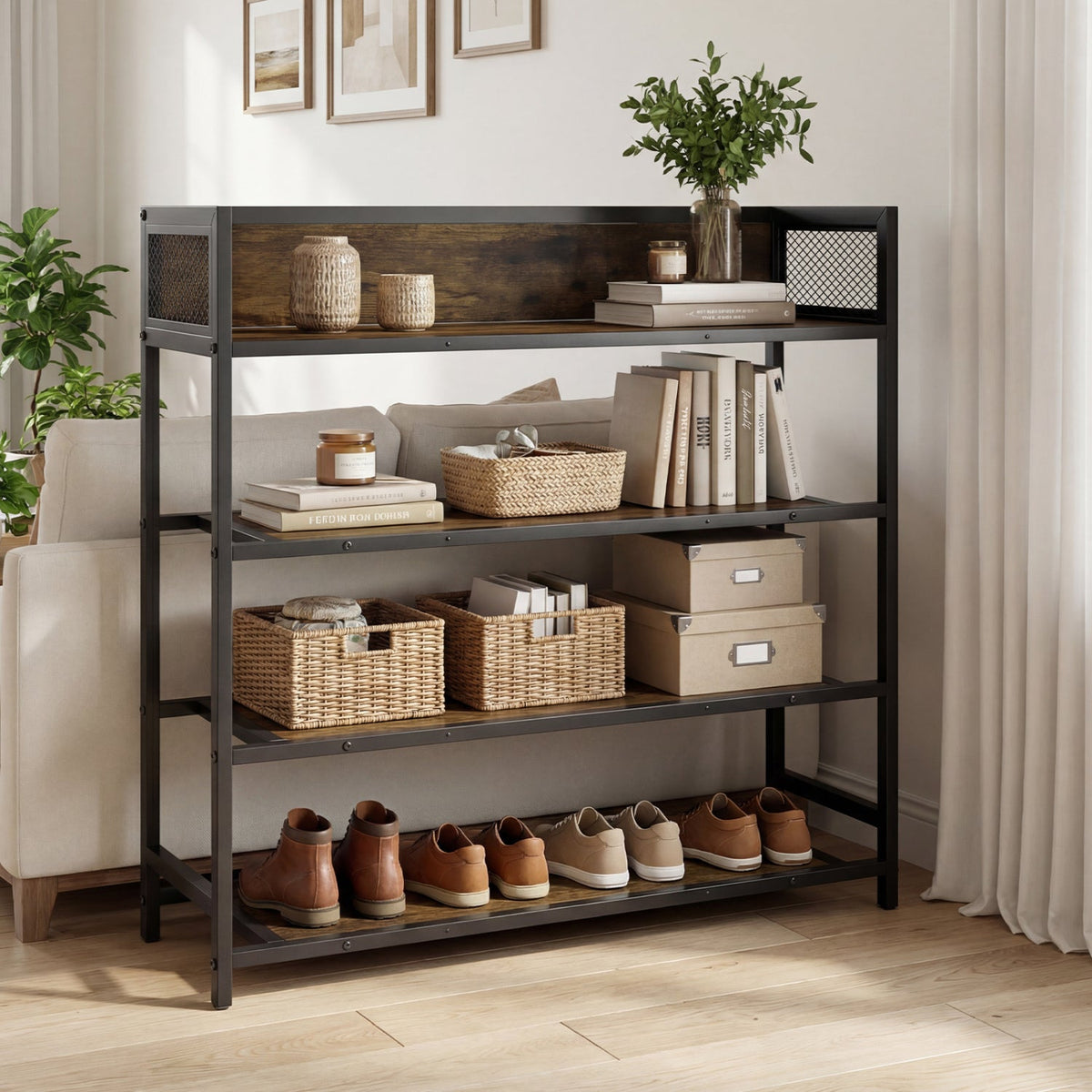 4-tier shoe organizer with open shelves, metal frame, mesh side panels, and shoe storage.
