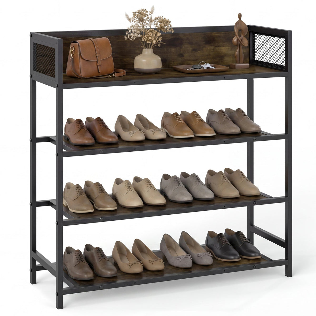 Industrial 4-tier shoe rack with metal frame, open shelves, and mesh side panels holding shoes.