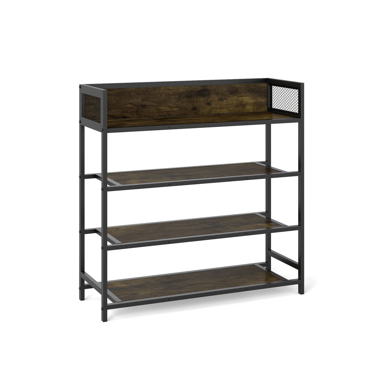 Industrial shoe rack with metal frame, four open tiers, and mesh side panels.