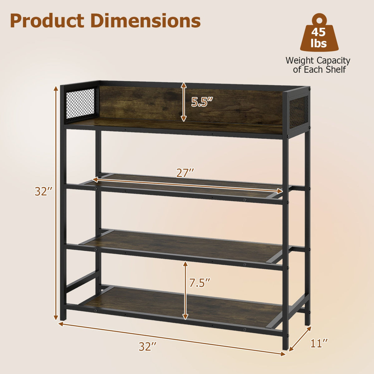 Shoe rack size diagram of a four-tier metal frame with mesh side panels.
