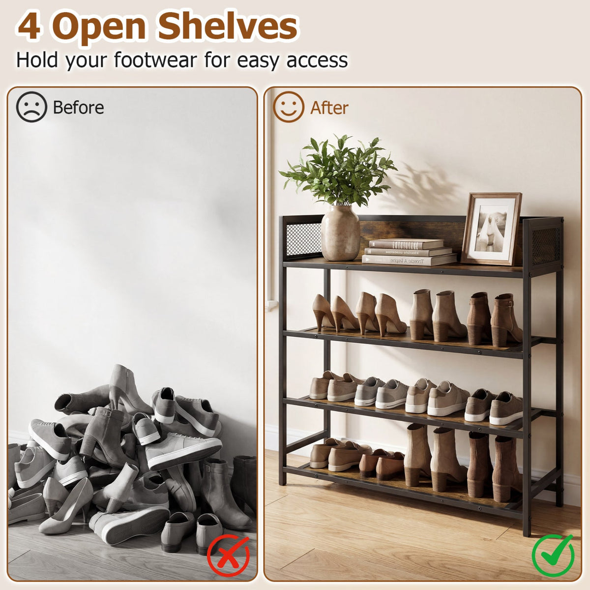 Four-shelf open shoe rack with metal frame and mesh side panels, neatly storing shoes.