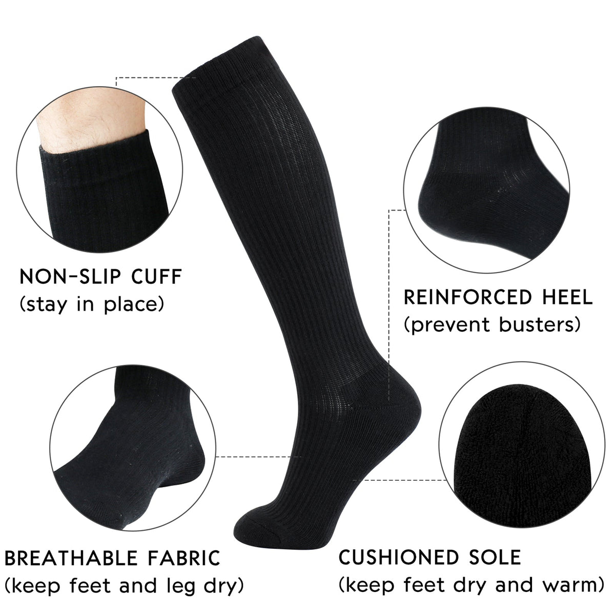 Black closed-toe compression socks with non-slip cuff, reinforced heel, cushioned sole