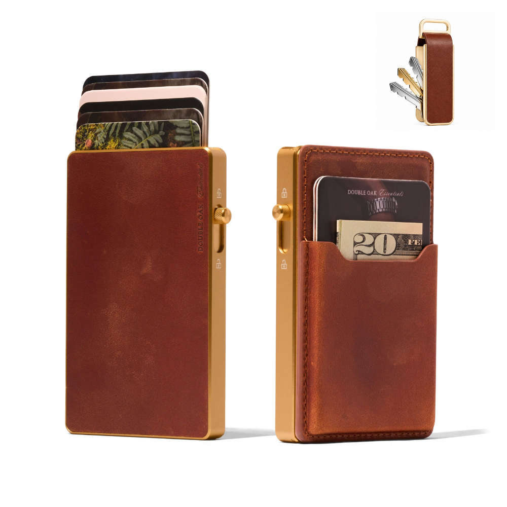 Brown leather card wallet with card slots and key organizer attachment; shows front and back.