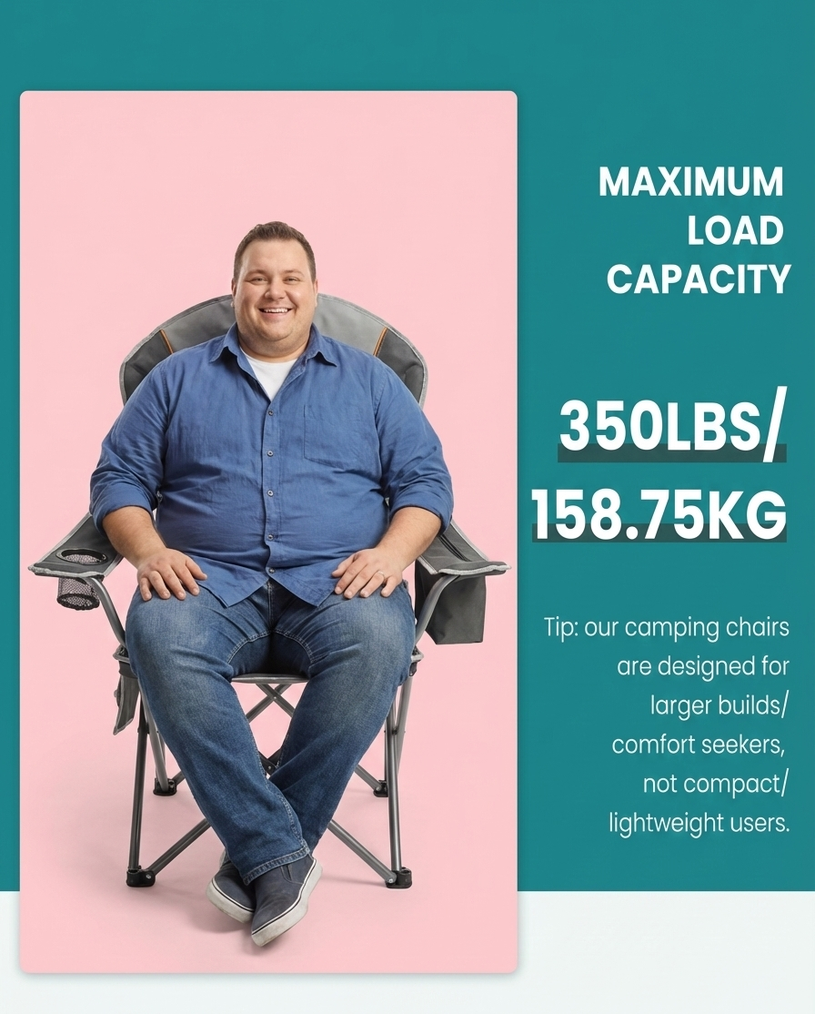 Folding camping chair with padded seat and backrest, designed for heavy loads