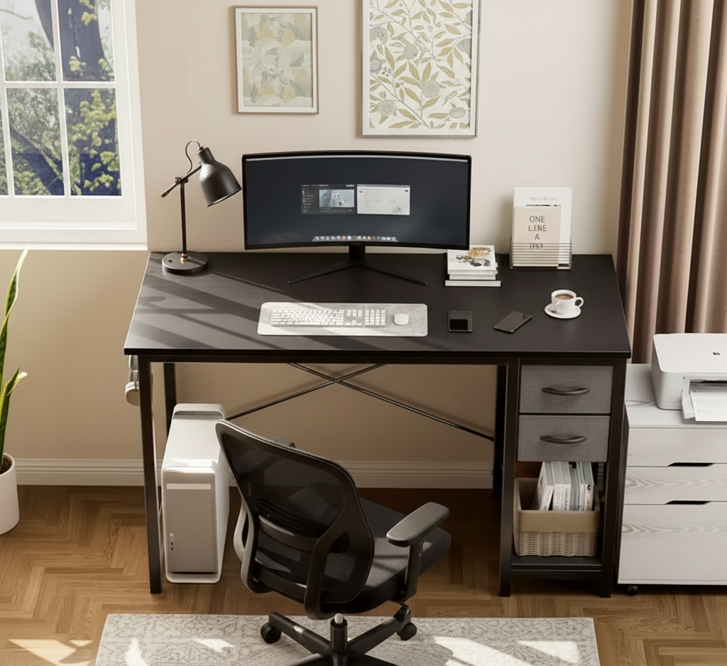 Computer desk with dark finish, fabric drawers, and open side shelf for storage