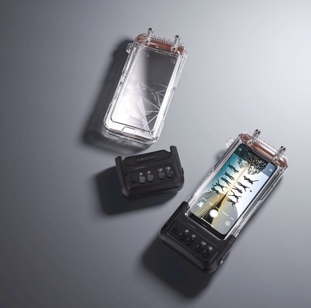 Waterproof phone case with clear cover and black base, shown open with phone inside