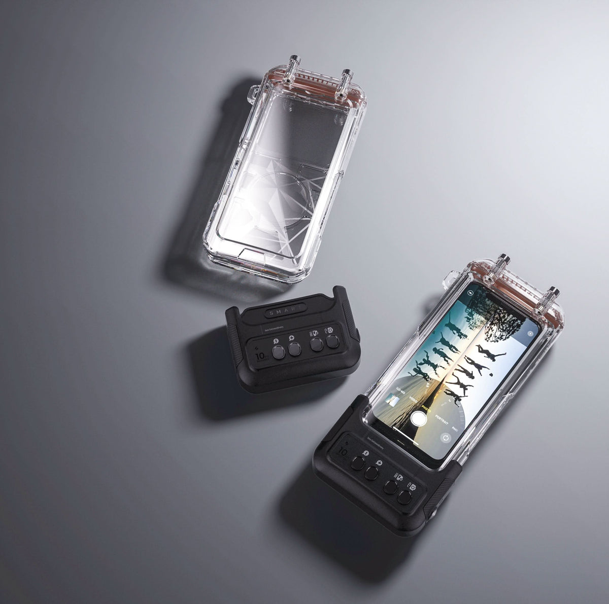 Waterproof phone case with clear cover and black base, shown open with phone inside