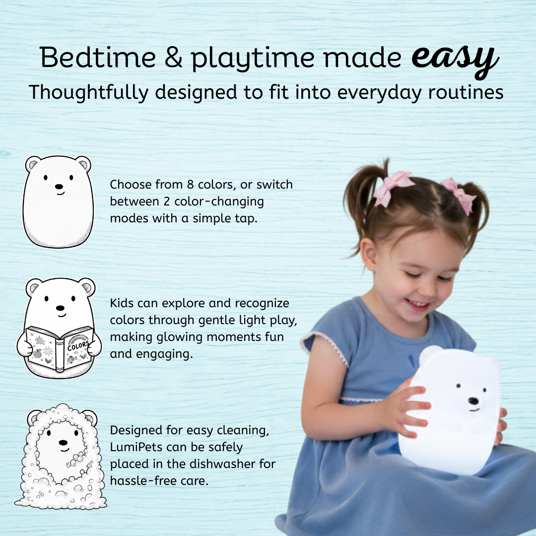 White bear night light held by a child, portable bedtime touch lamp