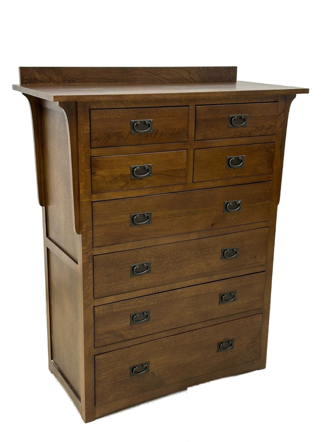Mission-style 8-drawer dresser with black cup hardware and smooth top