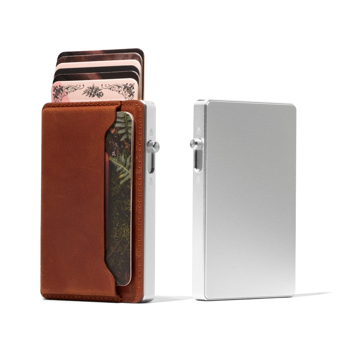 Mod wallet with brown leather cardholder and patterned card pocket, silver aluminum cash case