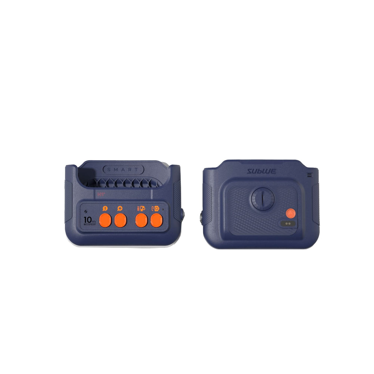 Two waterproof phone case sides: front control panel and power-button view in dark blue.