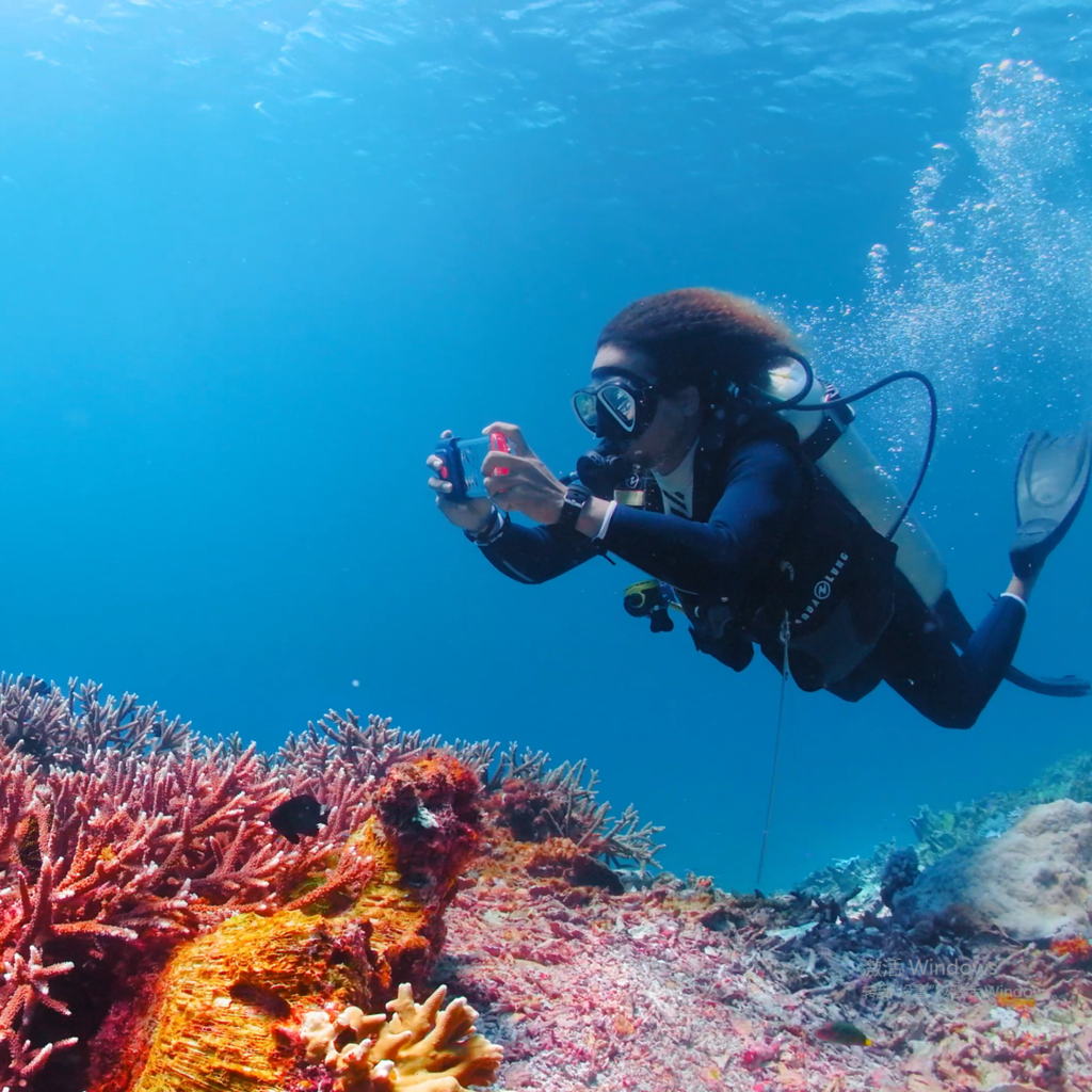 Clear underwater phone case housing with orange control module held by scuba diver