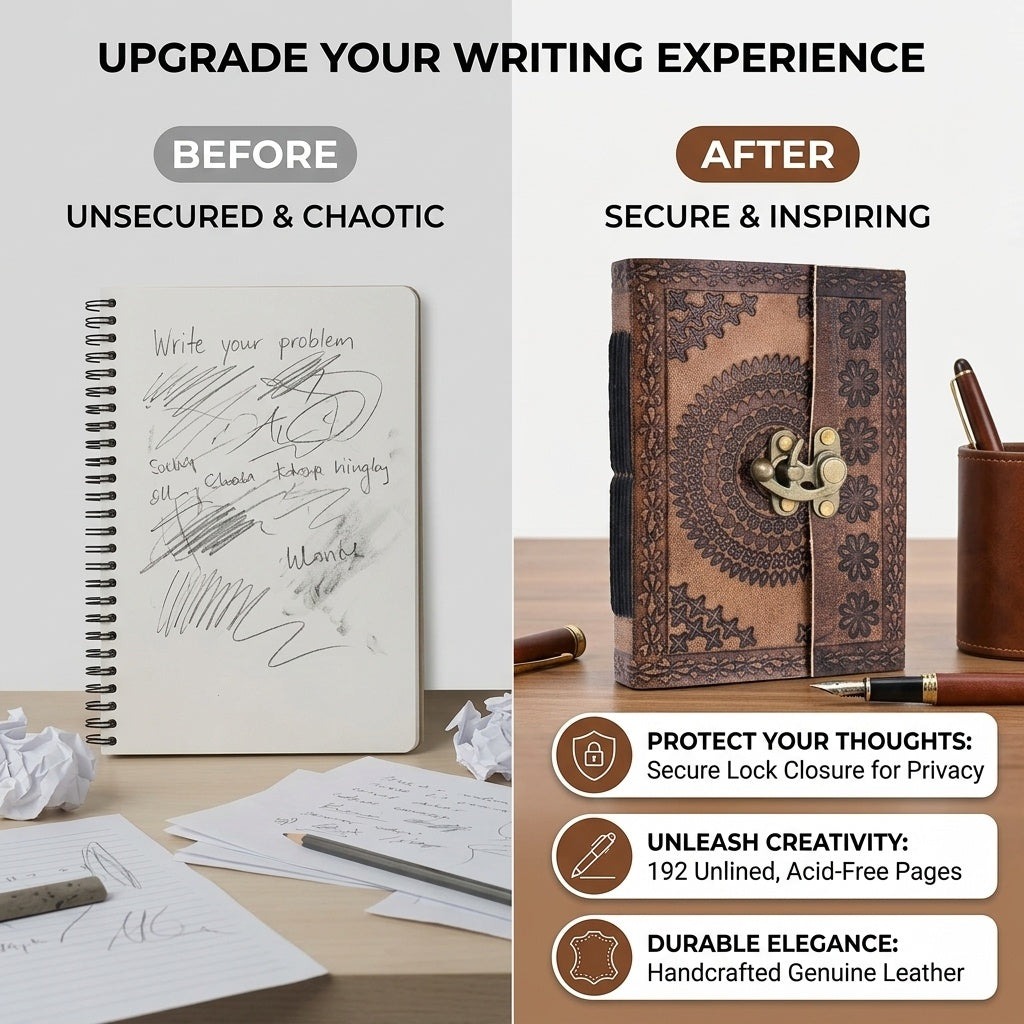 Brown leather notebook with brass lock clasp, open for writing with a pen