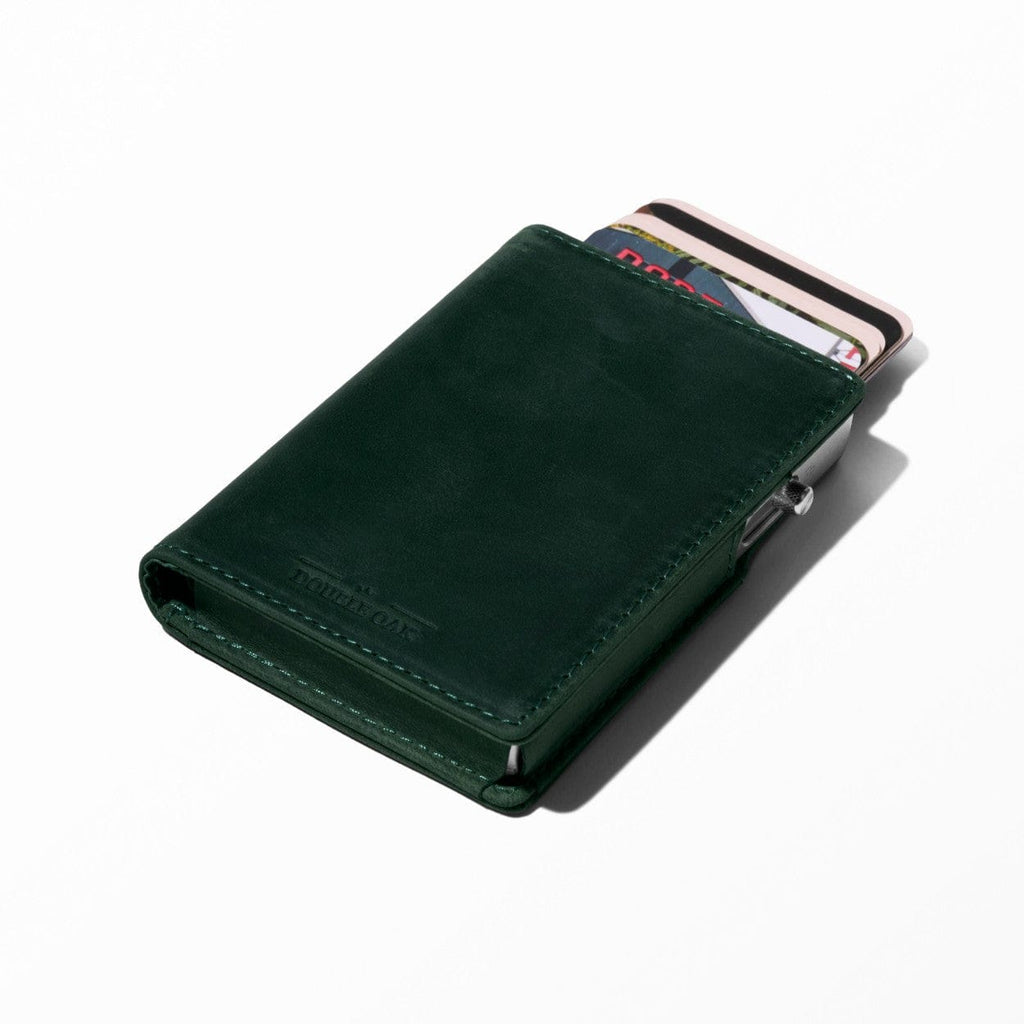 Dark green bifold leather wallet with card slots protruding and stitched edge