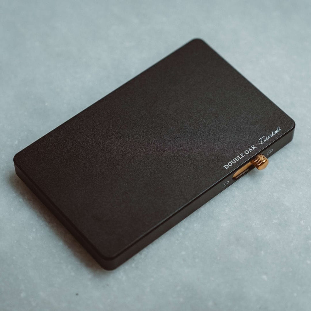 Black pop-up cardholder with brass button and front label, closed and flat.